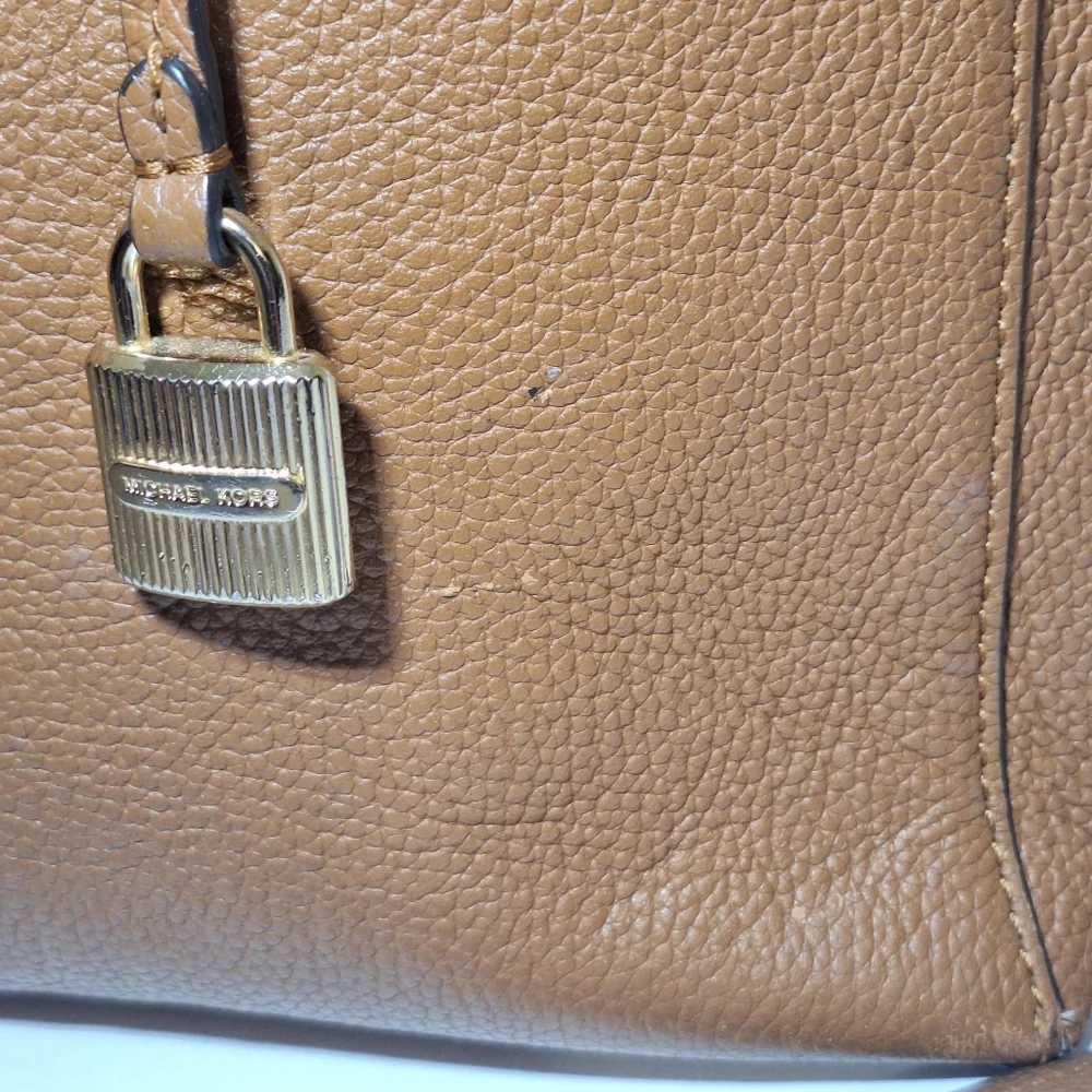 Michael Kors Mercer Brown Pebble Leather Tote Bag With Charm Large Crossbody GUC